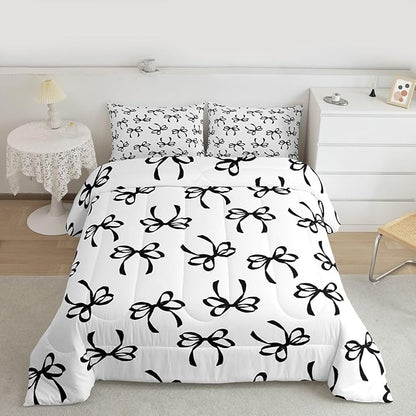 Erosebridal Bowknot Comforter Set Queen Black Watercolor Bow Bedding Set for Kids Teen Adults,Fashion Coquette Bowknot Down Comforter Black White Modern Simple Quilt for All Season