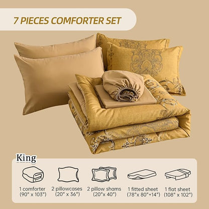Mybedsoul 7 Pieces Gold Comforter Set King Size, Damask Bed in a Bag for King Bed, Lightweight Microfiber Boho Bedding Sets with Comforter, Sheet, Pillowcases & Shams for All Season(90"x104")