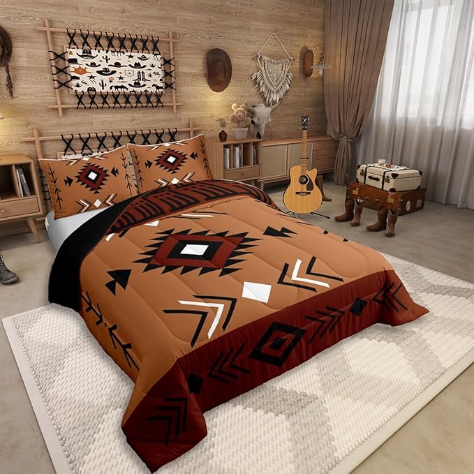 King Size Western Aztec Bedding Set, Native American Navajo Comforter Set For Boys Adult Teens Men, Southwestern Geometric Duvet Insert Ethnic American Native Quilt Rustic Farmhouse Decor, Brown