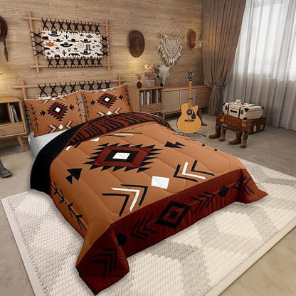 King Size Western Aztec Bedding Set, Native American Navajo Comforter Set For Boys Adult Teens Men, Southwestern Geometric Duvet Insert Ethnic American Native Quilt Rustic Farmhouse Decor, Brown