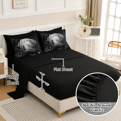 Xruibed Floral Comforter Queen Black Bed in a Bag Rose 7PCs Comforter Set Soft Micorfiber Bedding Set (1 Comforter,2 Pillow Shams,1 Flat Sheet,1 Fitted Sheet,2 Pillowcases)