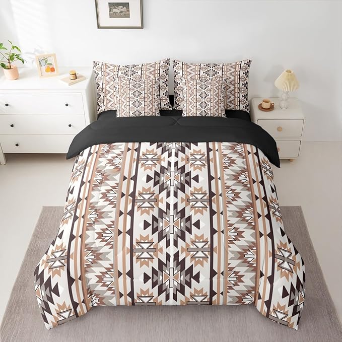 Erosebridal 7 Piece Rustic Western Comforter Set with Sheets Southwestern Aztec Bedding Set Queen Vintage Tribal Bohemian Geometric Bed in A Bag for Men Adults Exotic Ethnic Native American Bed Set
