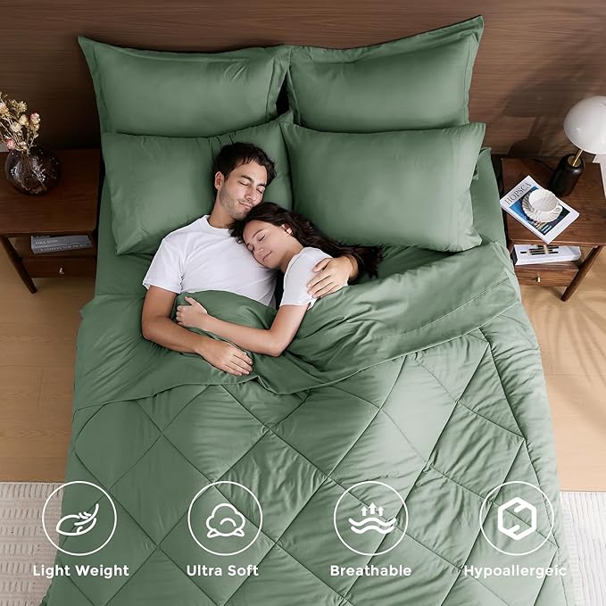 HEVUMYI Sage Green Full Comforter Set - 7-Piece All Season Bed in a Bag Full, Ultra Soft Bedding Set with Comforter, Flat Sheet, Fitted Sheet, Pillowcases, Pillow Shams, Sage Green