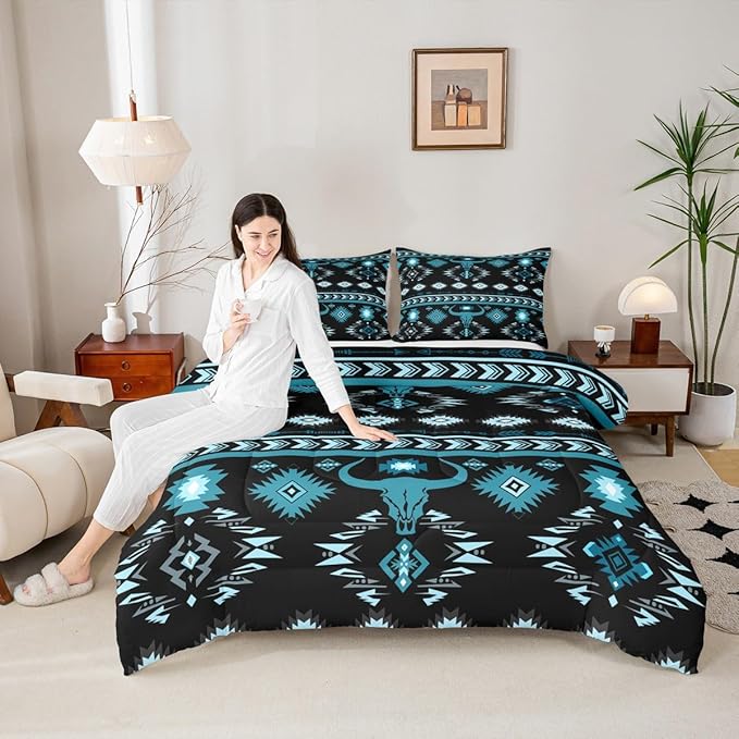 Feelyou Kids Western Decor Bedding Set Twin Size Southwestern Aztec Comforter Set for Boys Girls Ethnic Tribal Bull Skull Duvet Quilt