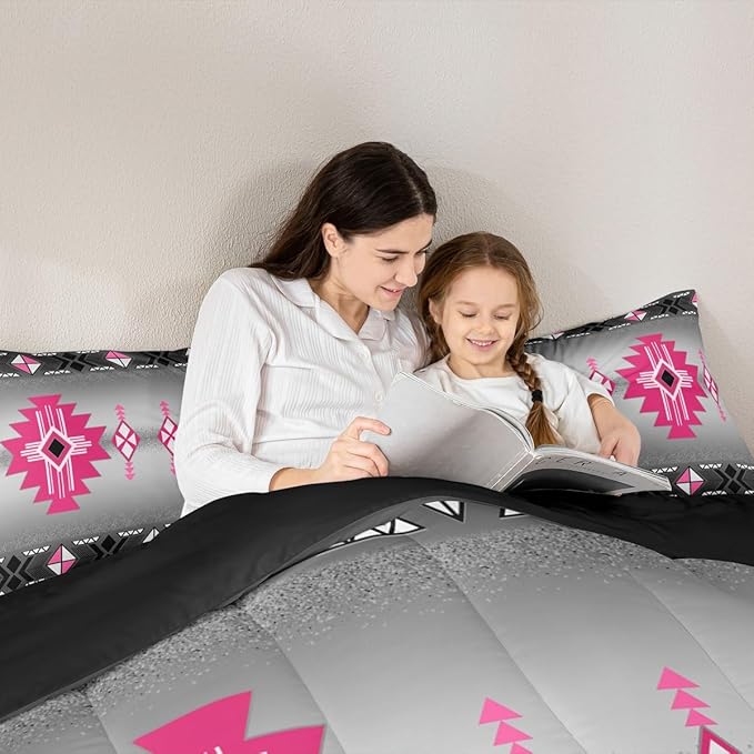 Erosebridal Rustic Western Twin Comforter Set, Southwestern Aztec Bedding Set for Boys Teens Men Bedroom, Exotic American Native Bedding Comforter Sets Vintage Bohemian Geometric Quilt, Pink Grey