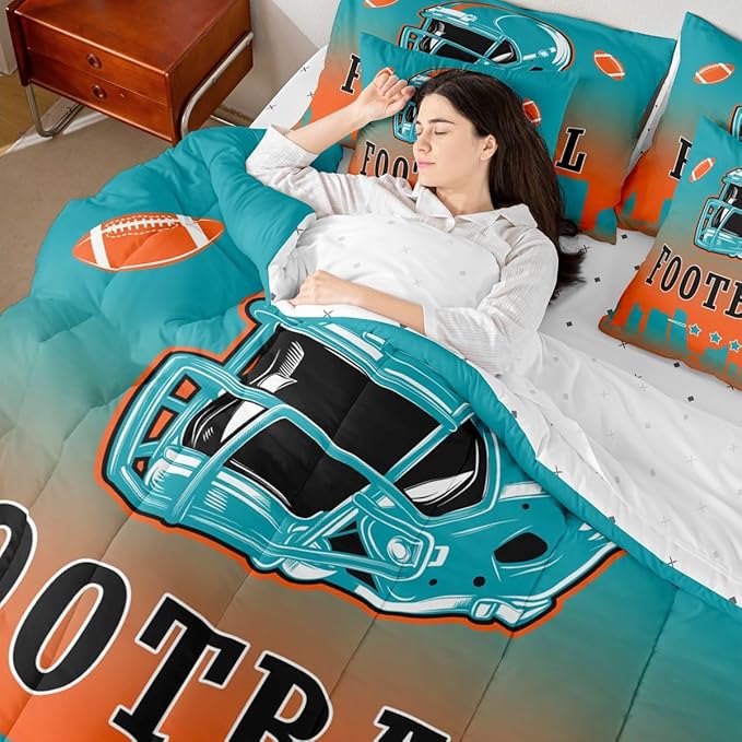 Erosebridal Football City 7 Piece Bedding Set Sports Rugby Full Comforter Set with Sheets for Kids Boys Girls Teen,American Soccer Sports Theme Bed in A Bag Unique City Silhouette Bed Set