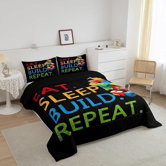 Feelyou Colorful Toy Bedding Set Teen Women Men Funny Building Blocks Decoration Comforter Set Toddler Size Kids Boys Girls Cute Games Duvet Insert Colorful Geometric Brick Room Decor