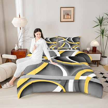 Castle Fairy Retro Circle Comforter Set Queen Size Yellow Gray Black Bedding Set for Kids Boys Girls Bedroom Decoration Stripe Line Art Bed Duvet Insert Geometric Modern Comforter with 2 Pillowcase