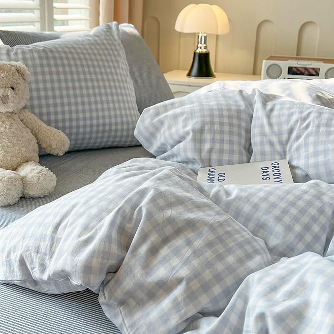 VM VOUGEMARKET Boys Comforter Set Twin XL Blue Plaid Gingham Down Comforter with 2 Pillowcases,Modern Cozy Bedding Quilt Set for Dorm Room 68"x90"