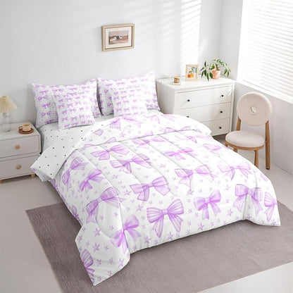 Erosebridal Kids Girls Purple Bowknot Bow King 7-Piece Comforter Set | Starry Sheets and Pillowcases Princess Dreamy Bed in A Bag Kawaii Cute Bed Sets