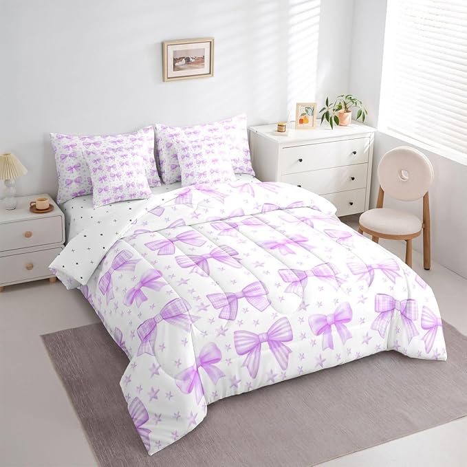 Erosebridal Kids Girls Purple Bowknot Bow 7 Piece Bedding Set Twin | Starry Comforter Set with Sheets Princess Dreamy Bed in A Bag Kawaii Cute Bed Sets