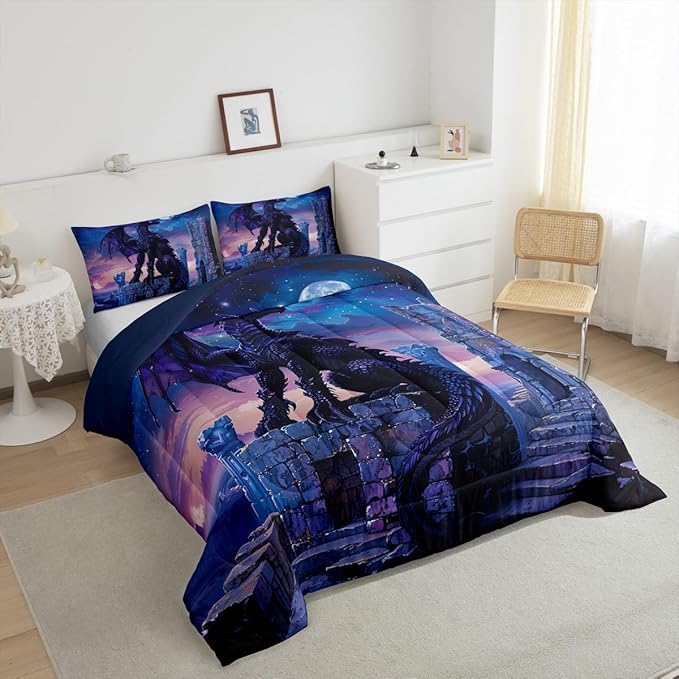 Feelyou Dragon Comforter Set King Size Moon Light Dragon Comforter for Boys Girls Teens Gothic Bedding Set Wildlife Duvet Set Room Decor Acid Blue Quilt Set