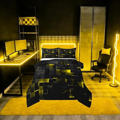 Erosebridal Black Yellow Comforter Set Twin Neon Geometric Checkered Bedding Set for Kids Adults Abstract Stereoscopic Grids Quilt Square Plaid Bed Set 2 Pcs Gamer Room Decor