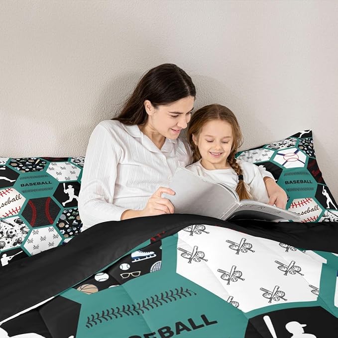 Erosebridal Boys Comforter Set Full,Baseball Sports Bedding Comforter Set Full for Kids,Baseball Player Bat Bedding,Geometric Ball Game Duvet Insert with 2 Pillowshams All Season,Green White Black