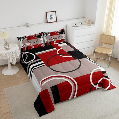 Erosebridal Modern Red Grey Black Stripes Comforter Set Geometric Down Comforter Twin Size Retro Circle Swirls Bedding Set Bedroom Decor Modern Abstract Texture Color Art Quilt Set