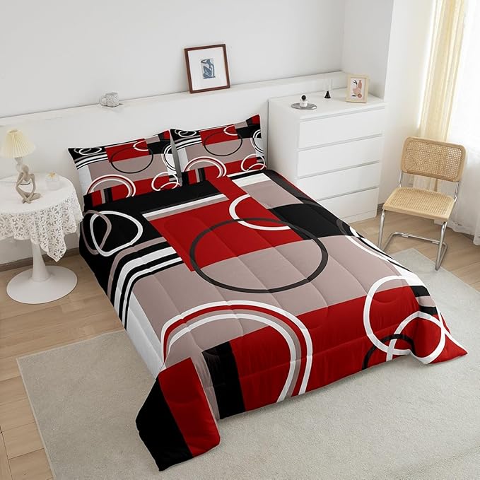 Erosebridal Modern Red Grey Black Stripes Comforter Set Geometric Down Comforter King Size Retro Circle Swirls Bedding Set Bedroom Decor Modern Abstract Texture Color Art Quilt Set