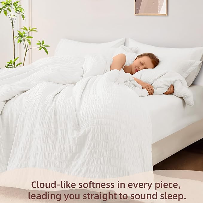FUANNA Full Size Comforter Sets 7 Pieces, Luxury Seersucker Bed in a Bag Full for All Seasons, Soft Bed Sets with Comforter, Flat Sheet, Fitted Sheet, Pillowcases & Shams for Bedroom, White