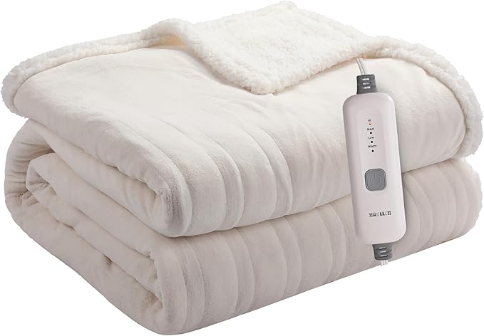 Electric Heated Blanket 50"x60" Throw Size Flannel & Sherpa - 4 Heat Settings & 3H Auto Shut Off, Fast Heating, Machine Washable for Bed, Couch, Office - White