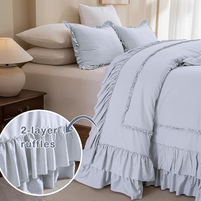 Sanracie Oversized King Comforter Sets 128" x 120", 3 Pieces Cornflower Blue Cotton Vintage Ruffle Bedding Comforter Set Lightweight Breathable Farmhouse Aesthetic Bedding Set