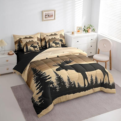 Erosebridal Antler Moose Bed in A Bag with Flat Fitted Sheets | Full Size 7 Pieces Hunting Deer Comforter Set with Sheets Rustic Cabin Lodge Bedding Set Woodland Country Deer Silhouette Bed Sets