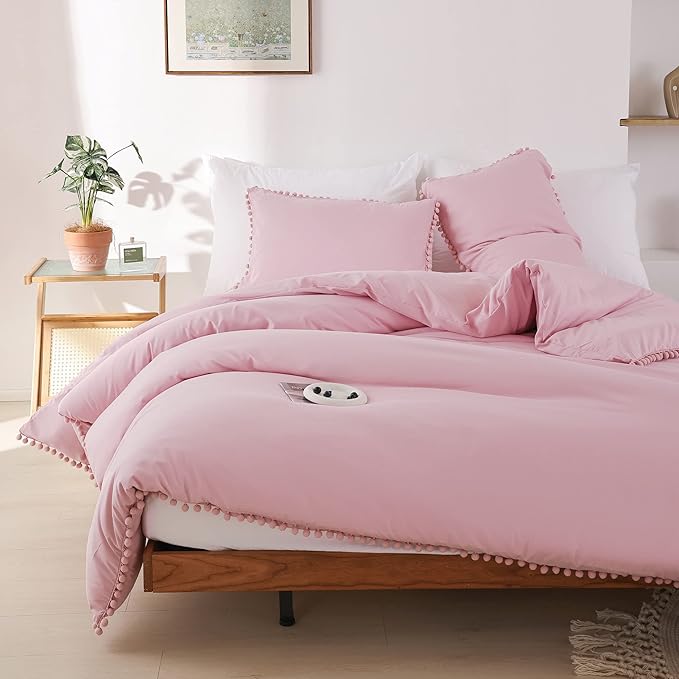 YIRDDEO Twin Comforter Set - Comforter Twin Size Bed with Ball Pom Fringe, Soft Bedding Set for All Seasons - 2 Pieces, 1 Comforter (66"x90") & 1 Pillow Sham(20"x26"), Dust Pink