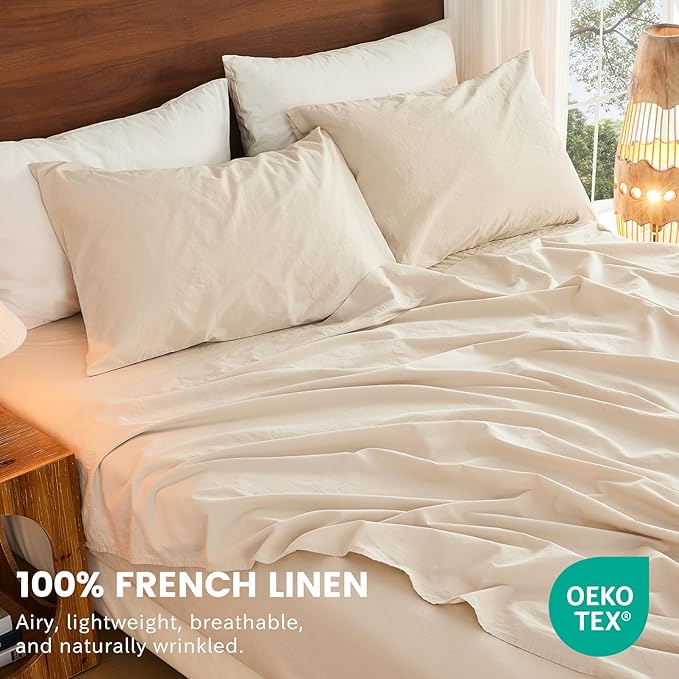 Bedlifes 100% French Linen Sheets King Size 18-24”Extra Deep Pocket 4-Piece Set Breathable & Moisture-Wicking,Soft & Durable Sheets for Thick Mattresses(Linen)