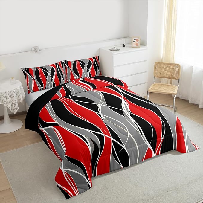 Erosebridal Abstract Comforter Set Queen Black Red Geometric Bedding Kids Bedroom Decor, Aesthetic Modern Duvet Insert Stripe Quilt Comforter, White Grey Lines Bedding Comforters & Sets 3pcs