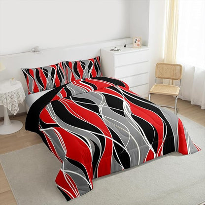 Erosebridal Abstract Comforter Set Queen Black Red Geometric Bedding Kids Bedroom Decor, Aesthetic Modern Duvet Insert Stripe Quilt Comforter, White Grey Lines Bedding Comforters & Sets 3pcs