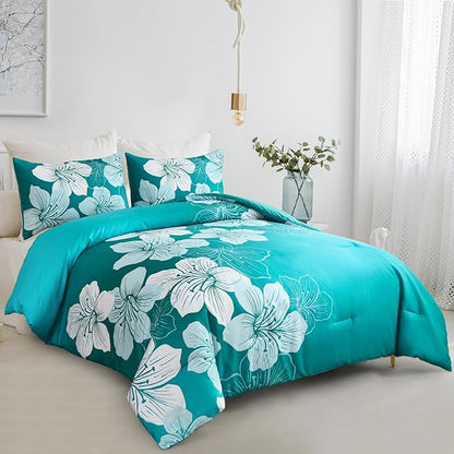 Menghomeus King Comforter Set Gradient Teal Bedding Floral Comforter Sets - Soft Microfiber Bed Comforter Set for All Season, 3 Piece Botanical Flowers Comforter, Pillowcases