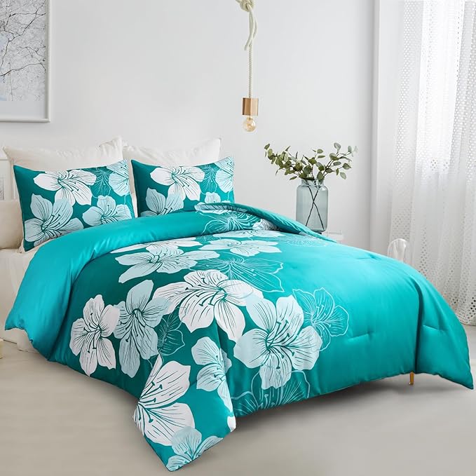 Menghomeus Queen Comforter Set Gradient Teal Bedding Floral Comforter Sets - Soft Microfiber Bed Comforter Set for All Season, 3 Piece Botanical Flowers Comforter, Pillowcases