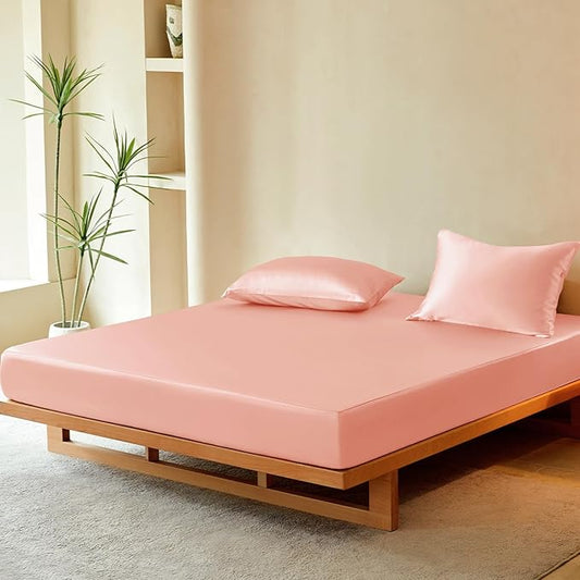 THXSILK Luxury Mulberry Silk Fitted Sheet Set 3 Pcs, King Silk Bed Sheet Set with 16" Deep Pockets, Soft & Cooling Sheets, 1 Fitted Sheet, 2 Pillowcases with Zipper Closure - Charming Pink