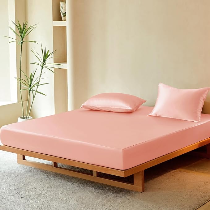 THXSILK Luxury Mulberry Silk Fitted Sheet Set 3 Pcs, Full Silk Bed Sheet Set with 16" Deep Pockets, Soft & Cooling Sheets, 1 Fitted Sheet, 2 Pillowcases with Zipper Closure - Charming Pink
