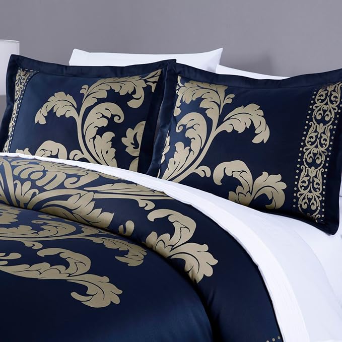 Chezmoi Collection Valor 7-Piece King Bed in a Bag, Navy/Gold Luxury Jacquard Floral Comforter with Sheets Set for All Season