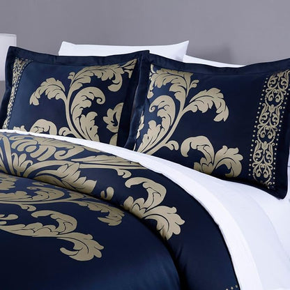 Chezmoi Collection Valor 7-Piece King Bed in a Bag, Navy/Gold Luxury Jacquard Floral Comforter with Sheets Set for All Season