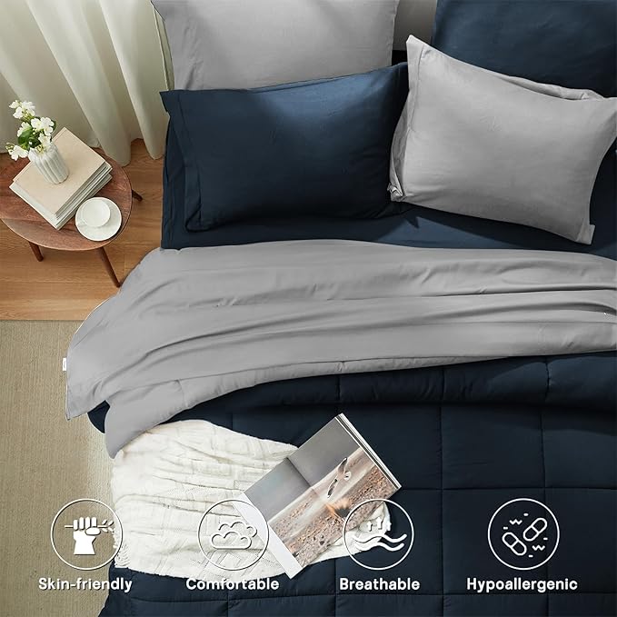 Anluoer Queen Comforter Set 7 Piece, Reversible Bed in a Bag Queen Size, Lightweight Bedding Set with 1 Comforter(88"*88"), 2 Pillow Shams, 2 Pillowcases, 1 Flat Sheet, 1 Fitted Sheet, Navy & Grey