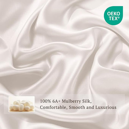 THXSILK 6A+ Top Grade 100% Pure Mulberry Silk Full Fitted Sheet 3Pcs Set Bed Sheets Luxury Bedding for Hair and Skin Breathable Safe Material, 1 Fitted Sheet with 2 Pillowcases, Pearl White