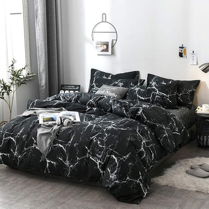 CLOTHKNOW Black White King Size Comforter Set Marble Bedding Comforter Sets All Season Black Comforter Abstract Comforter with 2 x Pillow Cases