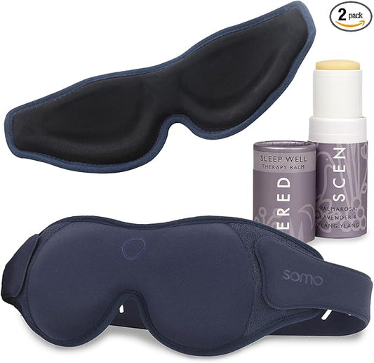 Scentered x SOMO Luxury Blackout 3D Sleep Mask for Side Sleepers & Sleep Well Aromatherapy Balm - Acupressure Eye Mask with Eyelash Space, Hypoallergenic - 4-in-1 Sleep Gift Set with Pouch & Wash Bag