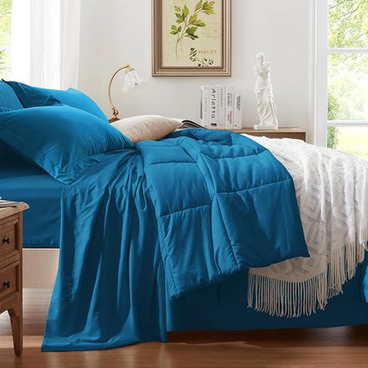 Anluoer Queen Comforter Set 7 Piece, Teal Bed in a Bag with Sheets, Comforters Queen Size Bedding Sets with 1 Comforter, 2 Pillow Shams, 2 Pillowcases, 1 Flat Sheet,1 Fitted Sheet