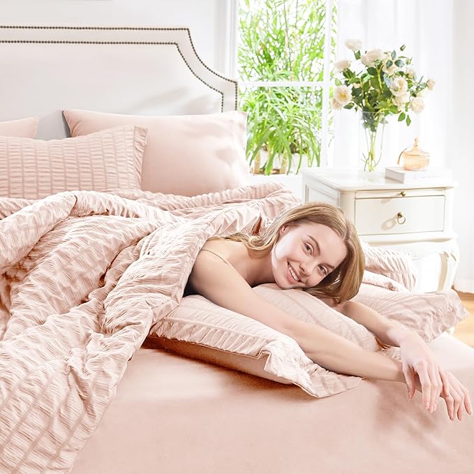 CozyLux Queen Comforter Set Blush Pink Seersucker 7 Pieces Bed in a Bag Queen Comforter Set with Sheets, Luxury Soft Bedding Set with Down Alternative Comforter, Sheets, Pillowcases & Shams All Season