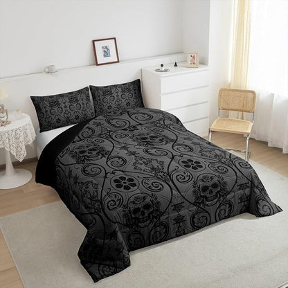 Feelyou Adults Black Vintage Damask Floral Comforter Set Oriental Antique Comforter Queen Size Exotic Sugar Skull Rose Bedding Set Gothic Bohemia Boho Duvet Set Quilt Set 3Pcs