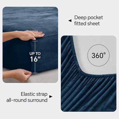 BEDELITE Flannel Sheets Full Size Navy - Super Soft Fleece Sheets Set Fluffy Extra Plush, 4 Piece(Include Fitted Sheet, Flat Sheet, 2 Pillowcases)