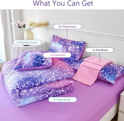 PERFEMET Girls Bed in A Bag Queen Size Colorful Rainbow Queen Comforter Set with Sheets Tie Dye Fluffy Bedding Set for Teen Girl Women 3D Glitter Ombre Bed Sets (Purple Pink, Queen)