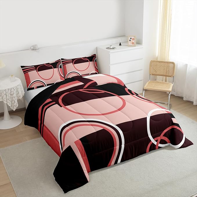 Retro Swirls Bedding Sets Twin Geometric Circles Square Comforter for Kids Girls Teens - Red Black Grey Duvet Set Vintage Graphic Patchwork Quilted Soft Microfiber Bedding