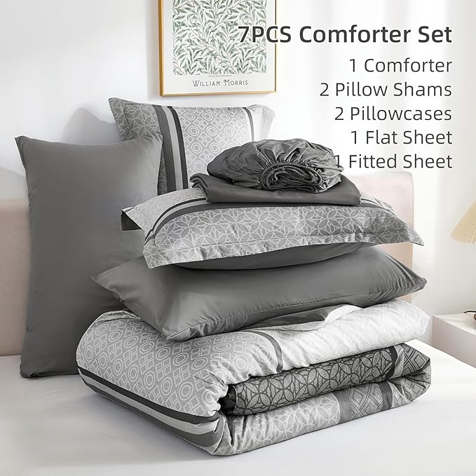 WONGS BEDDING Grey Comforter Set King Size, 7 Pieces Striped Bed in a Bag Comforter and Sheet Set, Bohemian Soft Lightweight Micorfiber Bedding Set for All Seaon (90"×104")