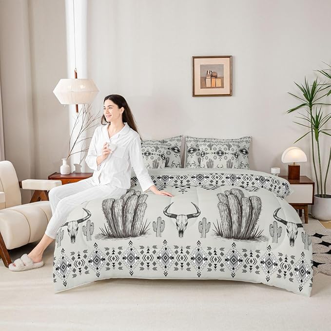 Erosebridal Grey Southwestern Bed in A Bag 7 Pcs Western Aztec Comforter Set for Kids Teens Country Geometric Vintage Bedding Sets Queen Rustic Cactus Bull Skull Boho Tribal Sheet Set with Comforter