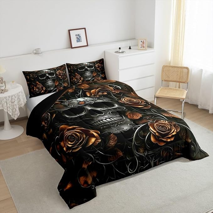 Erosebridal Gothic Bedding Set for Adluts Kids Teens Goth Skull King Size Comforter Set Vintage Victorian Romantic Orange Rose Floral Quilt Spooky Grunge Skeleton Boho Horror Bedding,Gothic Decor
