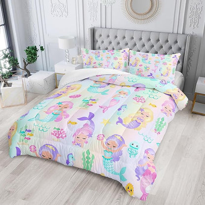 Rainbow Mermaid Comforter Set Twin/Full/Queen Size Fairy Tale Sea Shell Grass Bedding Set Starfish Jellyfish Quilt Bed Set for Kid Girls with 1 Comforter and 2 Pillowcases