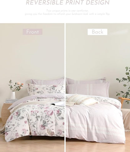 Vintage Cotton 3pcs Floral Comforter Sets King Size - Dusty Rose & Soft Gray Foliage on White, Blush French Striped Patchwork Reverse, Neutural Lightweight Bedding Sets(King 104"×90")