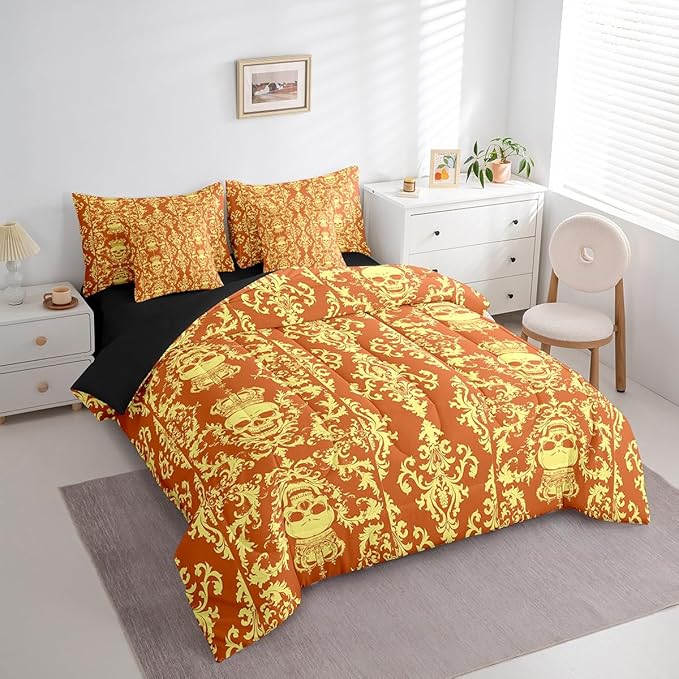 Erosebridal Gothic Skull 7 Piece Comforter Set Full Bed in a Bag,Yellow Orange Damask Bohemian Vintage Flowers Bedding Set,Goth Skeleton Sheet Set,Exotic Boho Floral Crown Victorian Antique Decor